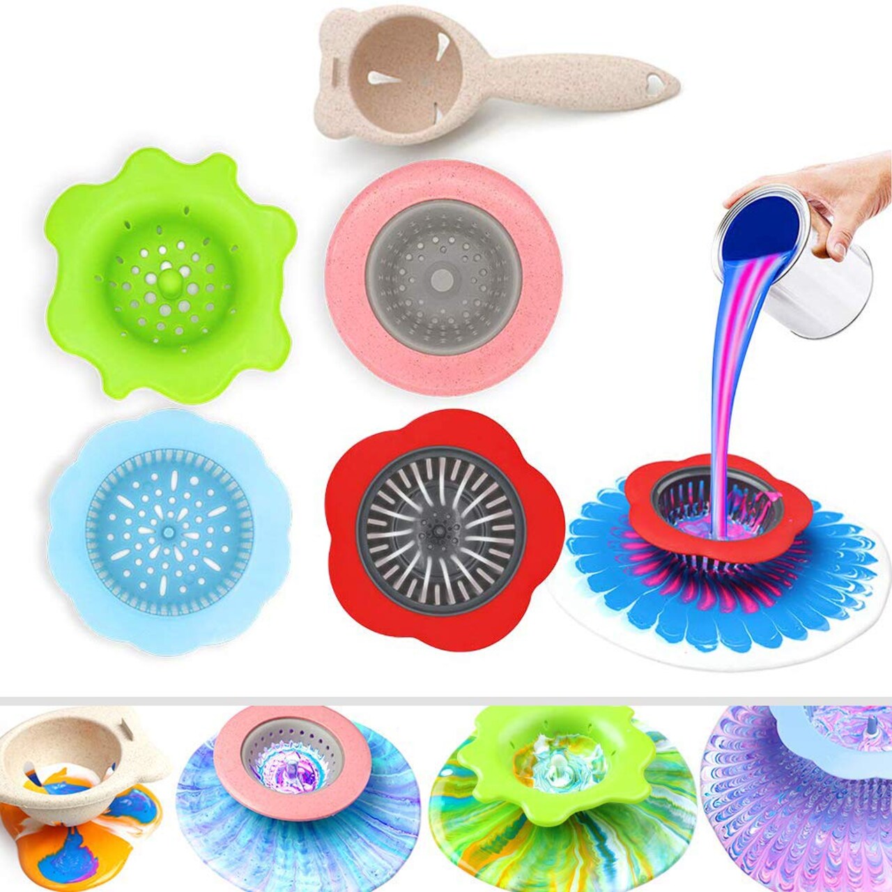 Acrylic Pouring Strainers, Angela&Alex 5 PCS Flow Painting Tools Christmas DIY Kits Drawing Sets Flower Strainers Plastic Silicone Drain Basket Unique Pattern Train Art Supplies